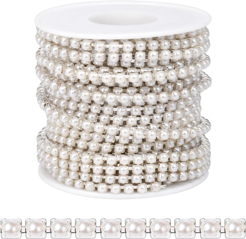 Ucevi 10 Yards Silver Pearl Trim Chain for Craft, 4MM Pearl Beaded Cup Chain Trim by Yard for Sewing DIY Crafts Jewelry Making Decoration - Image 1